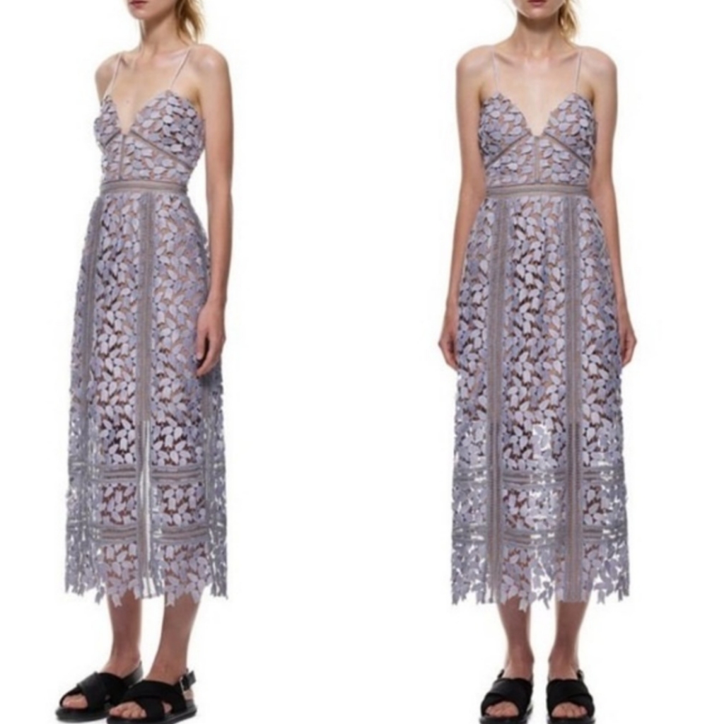 Anthropologie Elliatt Periwinkle And Nude Lace Crochet Midi Dress